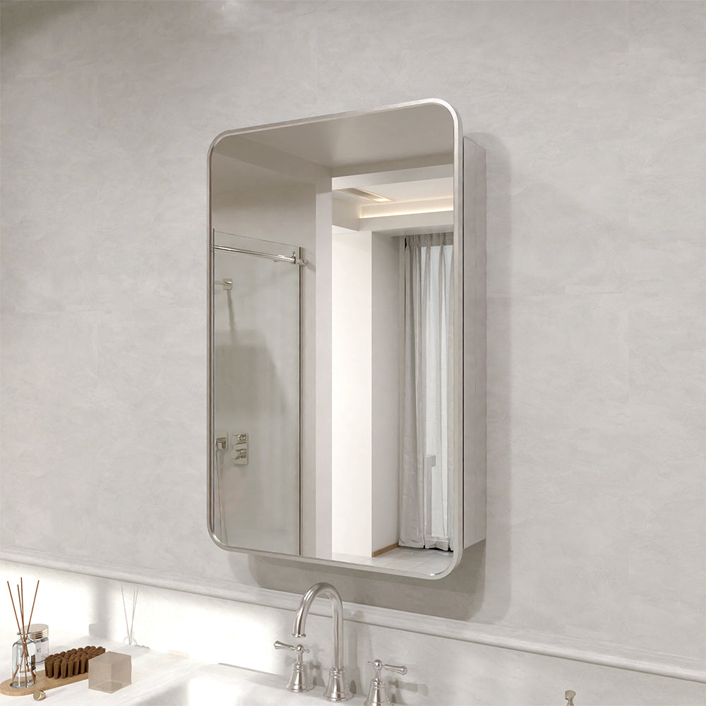 Verve Frameless Recessed or Surface-Mount Rectangular Aluminum Medicine Cabinet with Mirror in Brushed Nickel