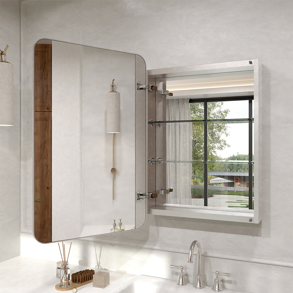 Verve Frameless Recessed or Surface-Mount Rectangular Aluminum Medicine Cabinet with Mirror in Brushed Nickel