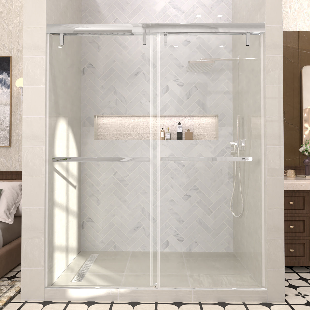 S 60 in. W x 72 in. H Sliding Semi-Frameless Shower Door in Matte Black Finish with Clear Glass