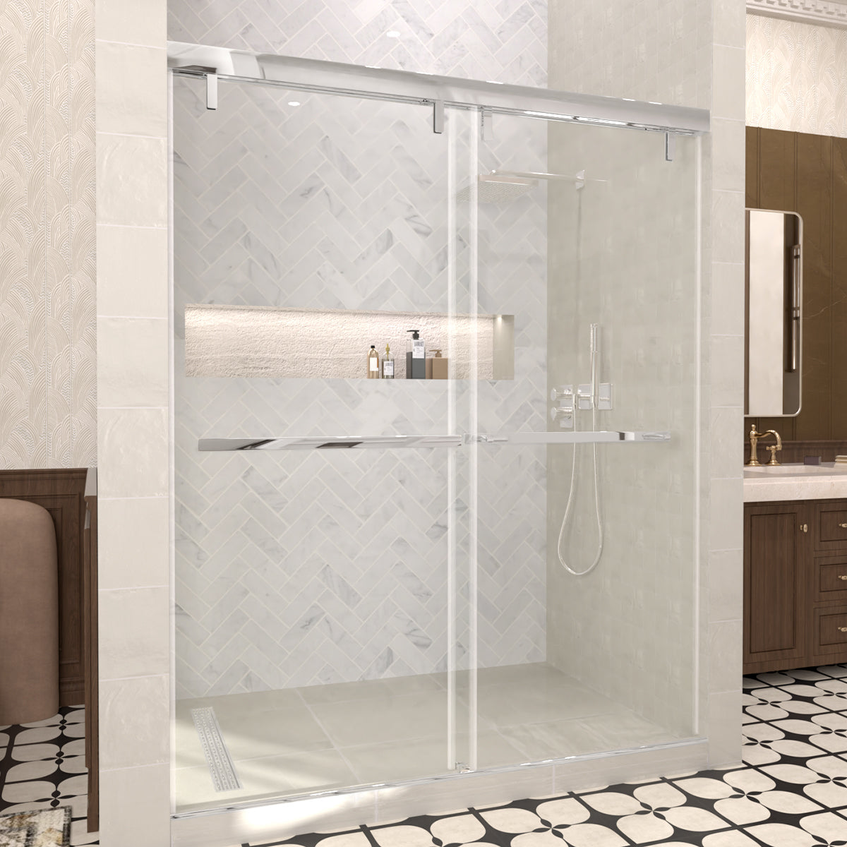 S 60 in. W x 72 in. H Sliding Semi-Frameless Shower Door in Matte Black Finish with Clear Glass