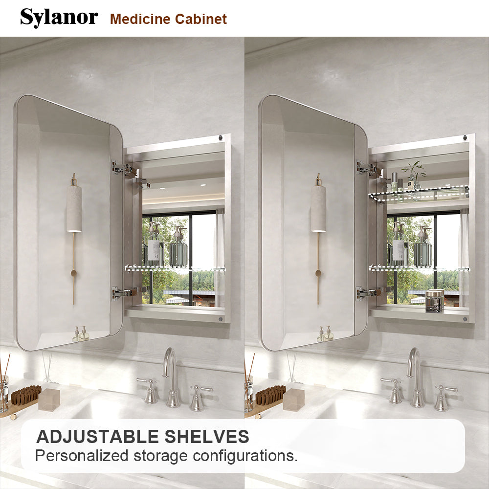 Verve Frameless Recessed or Surface-Mount Rectangular Aluminum Medicine Cabinet with Mirror in Brushed Nickel