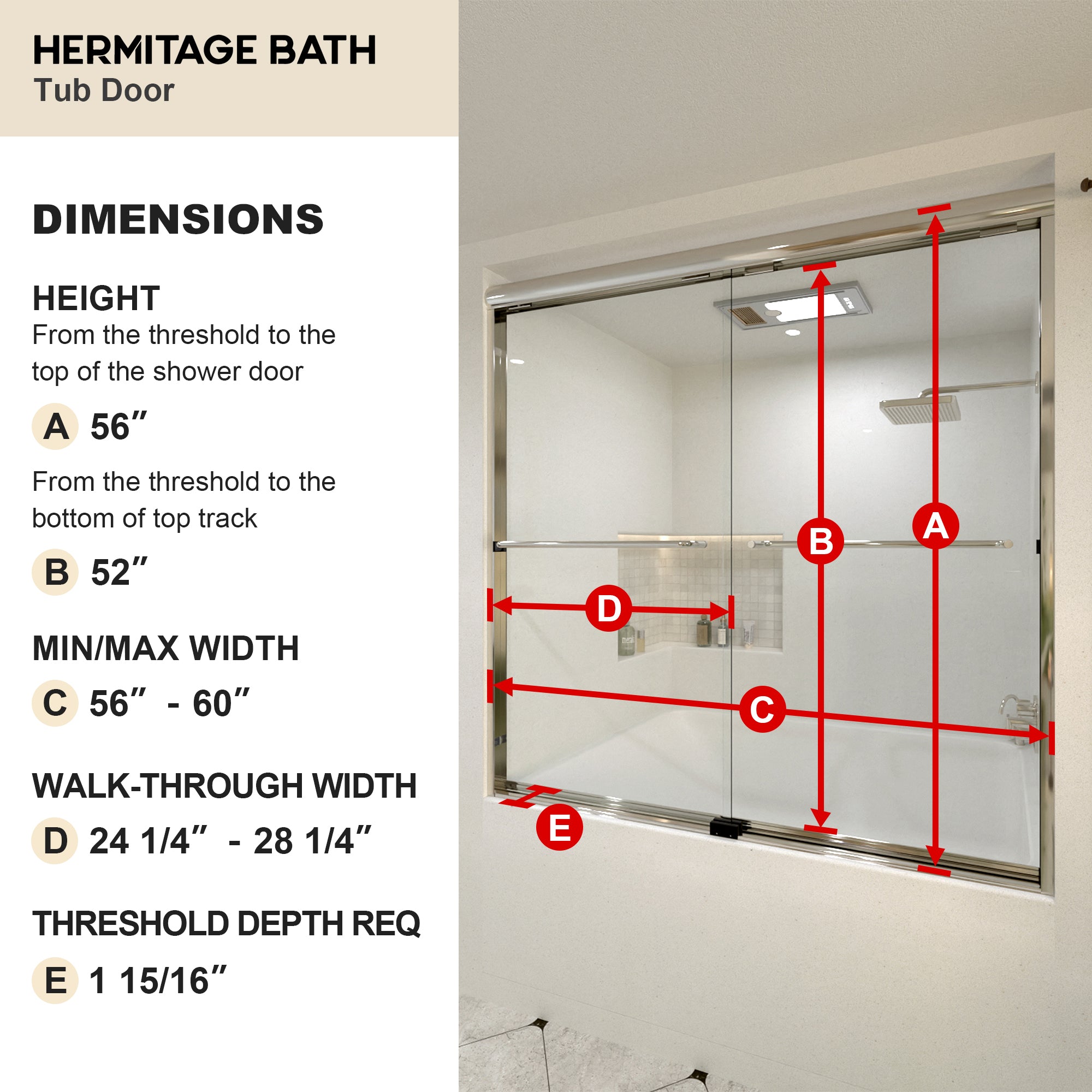 Akoasm 60 in. W x 56 in. H Sliding Bath Tub Door in Semi Frameless with Clear Glass
