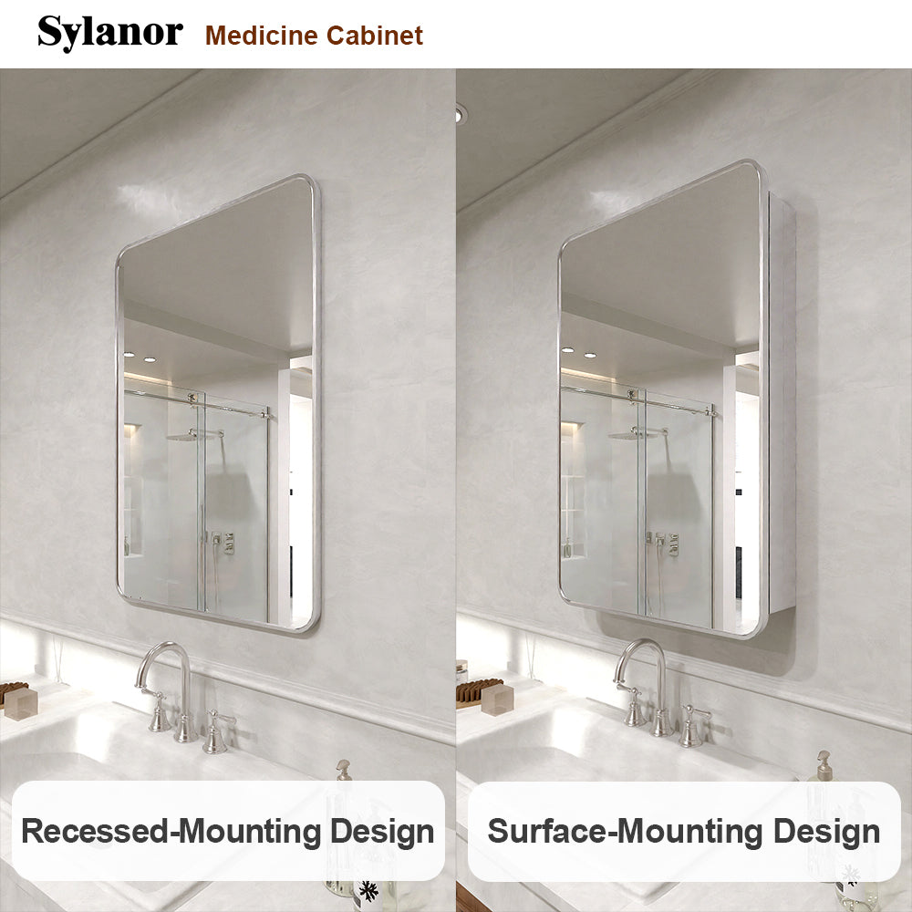Verve Frameless Recessed or Surface-Mount Rectangular Aluminum Medicine Cabinet with Mirror in Brushed Nickel