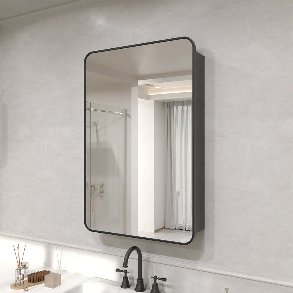 Verve Frameless Recessed or Surface-Mount Rectangular Aluminum Medicine Cabinet with Mirror in Matte Black