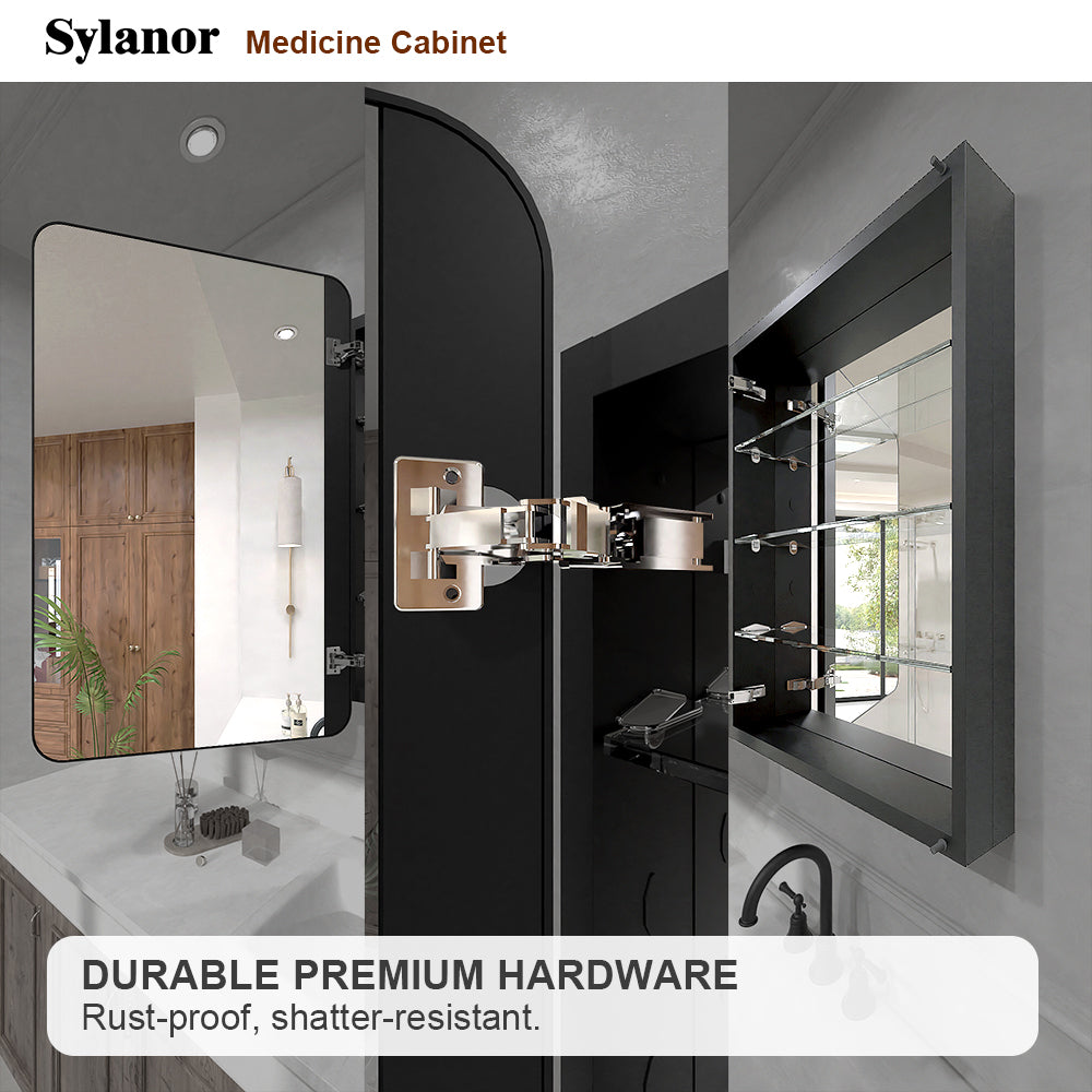 Verve Frameless Recessed or Surface-Mount Rectangular Aluminum Medicine Cabinet with Mirror in Matte Black