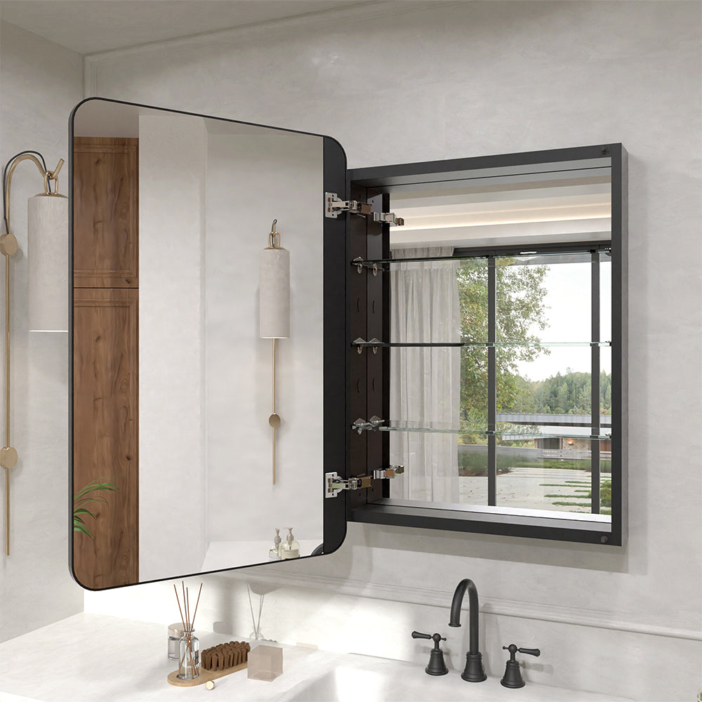 Verve Frameless Recessed or Surface-Mount Rectangular Aluminum Medicine Cabinet with Mirror in Matte Black