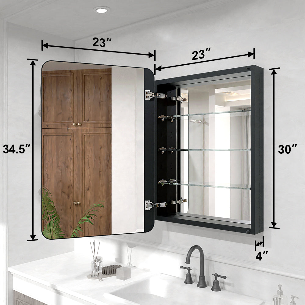 Verve Frameless Recessed or Surface-Mount Rectangular Aluminum Medicine Cabinet with Mirror in Matte Black