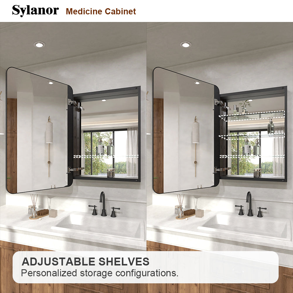 Verve Frameless Recessed or Surface-Mount Rectangular Aluminum Medicine Cabinet with Mirror in Matte Black