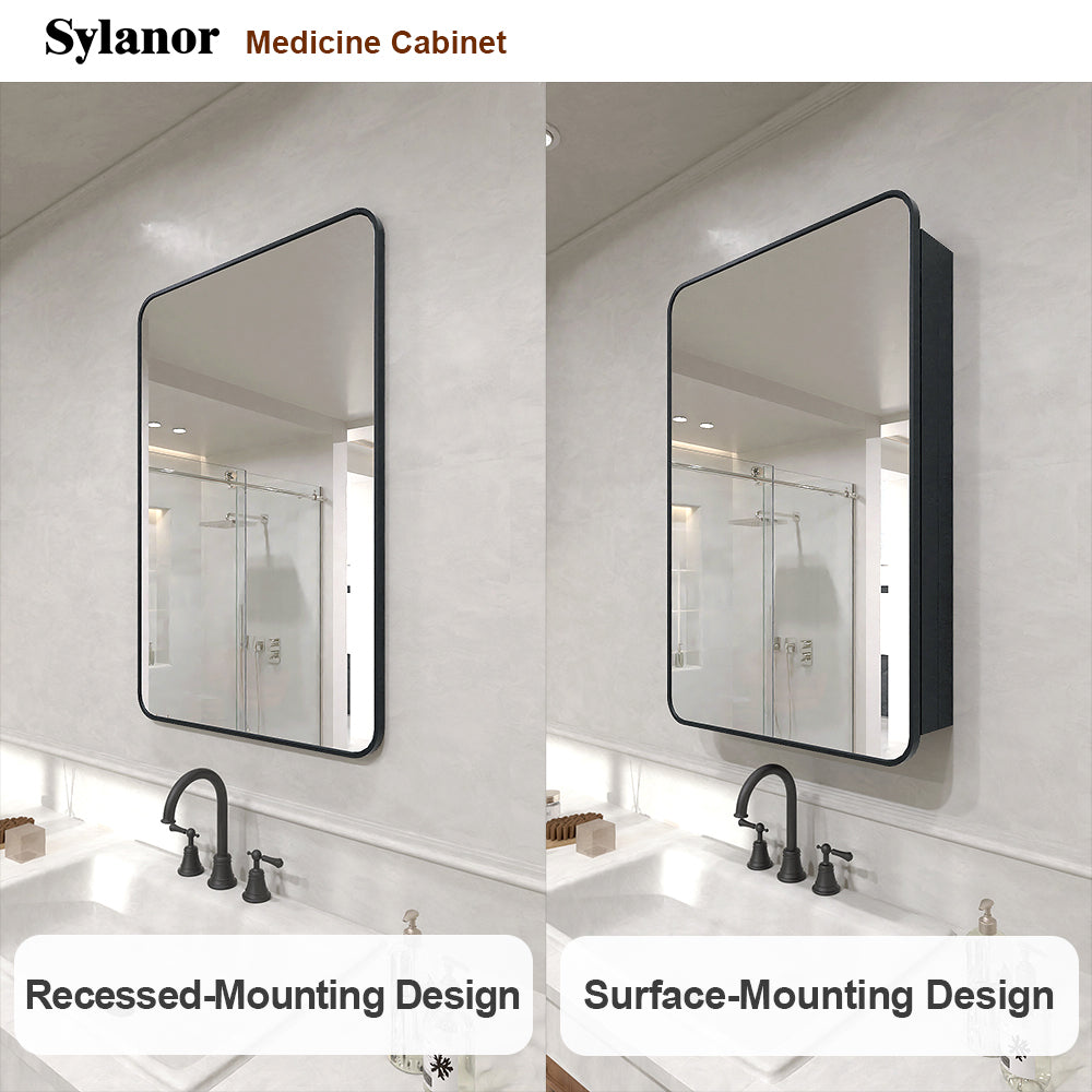 Verve Frameless Recessed or Surface-Mount Rectangular Aluminum Medicine Cabinet with Mirror in Matte Black