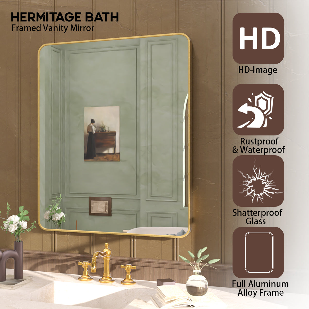 S Cosy 30 in. W x 36 in. H Rectangular Framed Wall Bathroom Vanity Mirror in Brass