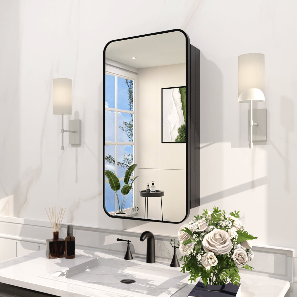 Rectangular Framed Recessed/Surface Mount Medicine Cabinet with Mirror in Matte Black
