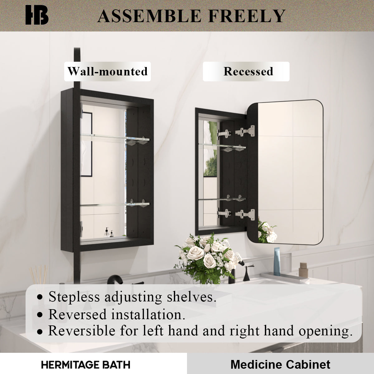Rectangular Framed Recessed/Surface Mount Medicine Cabinet with Mirror in Matte Black