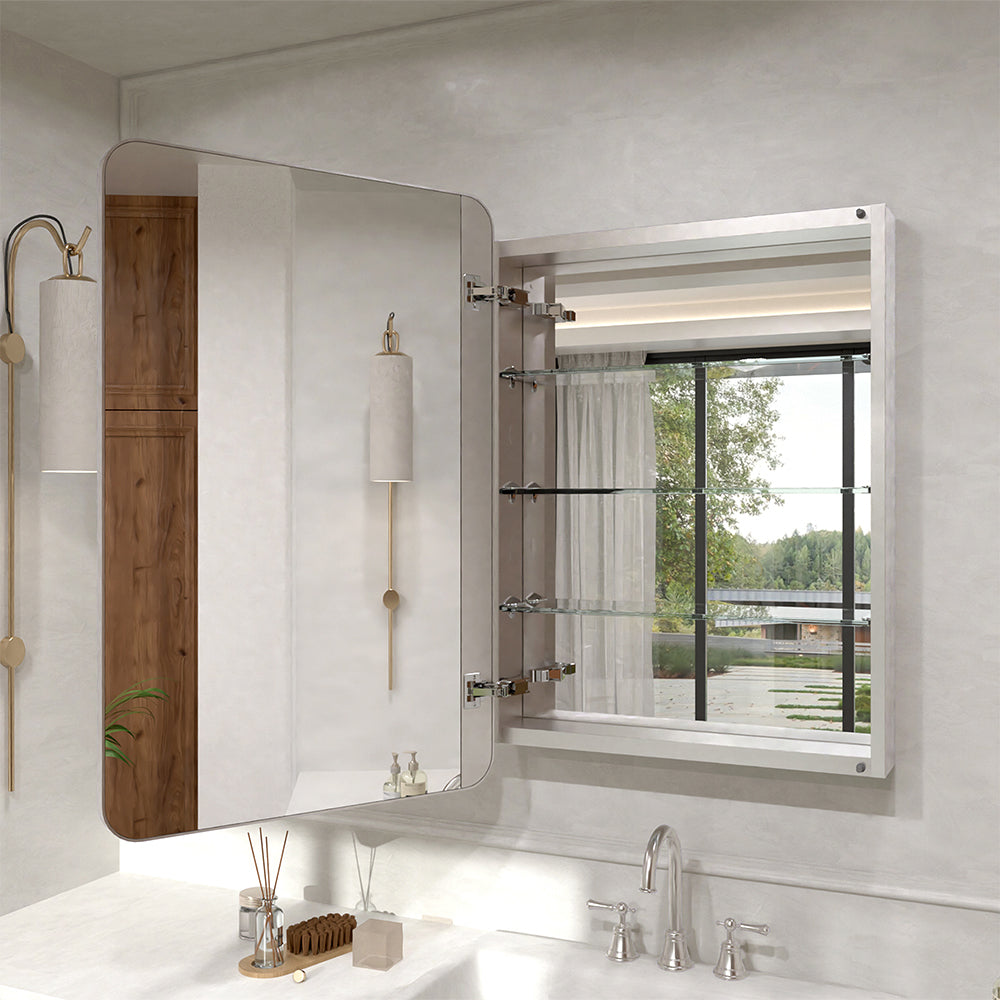 Verve Frameless Recessed or Surface-Mount Rectangular Aluminum Medicine Cabinet with Mirror in Brushed Nickel