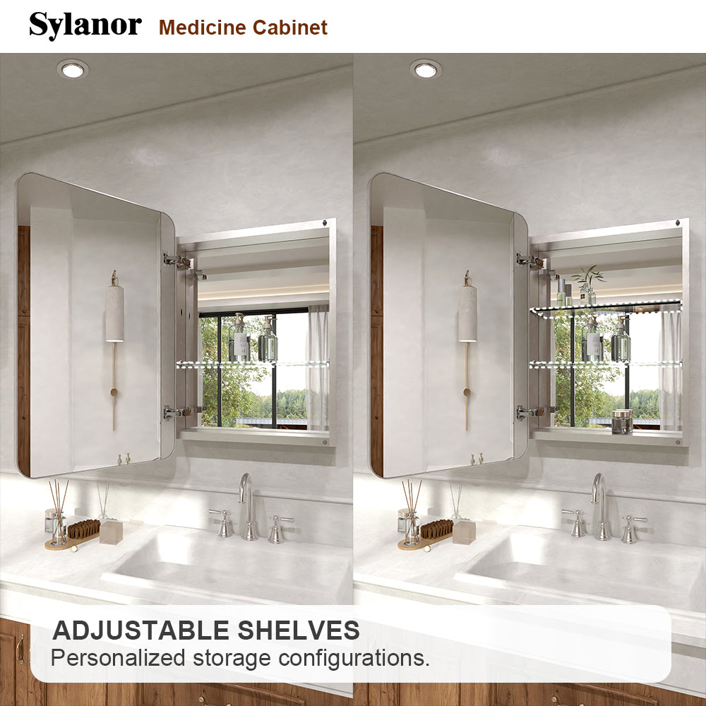 Verve Frameless Recessed or Surface-Mount Rectangular Aluminum Medicine Cabinet with Mirror in Brushed Nickel