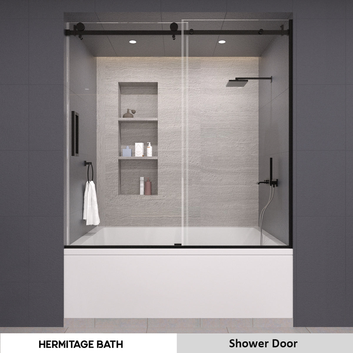 S Eletta 60 in. W x 60 in. H Sliding Semi-Frameless Tub Door in Matte Black Finish with Clear Glass