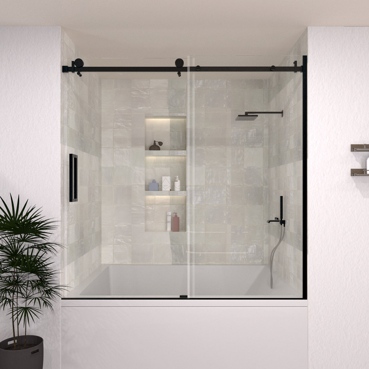 S Eletta 60 in. W x 60 in. H Sliding Semi-Frameless Tub Door in Matte Black Finish with Clear Glass