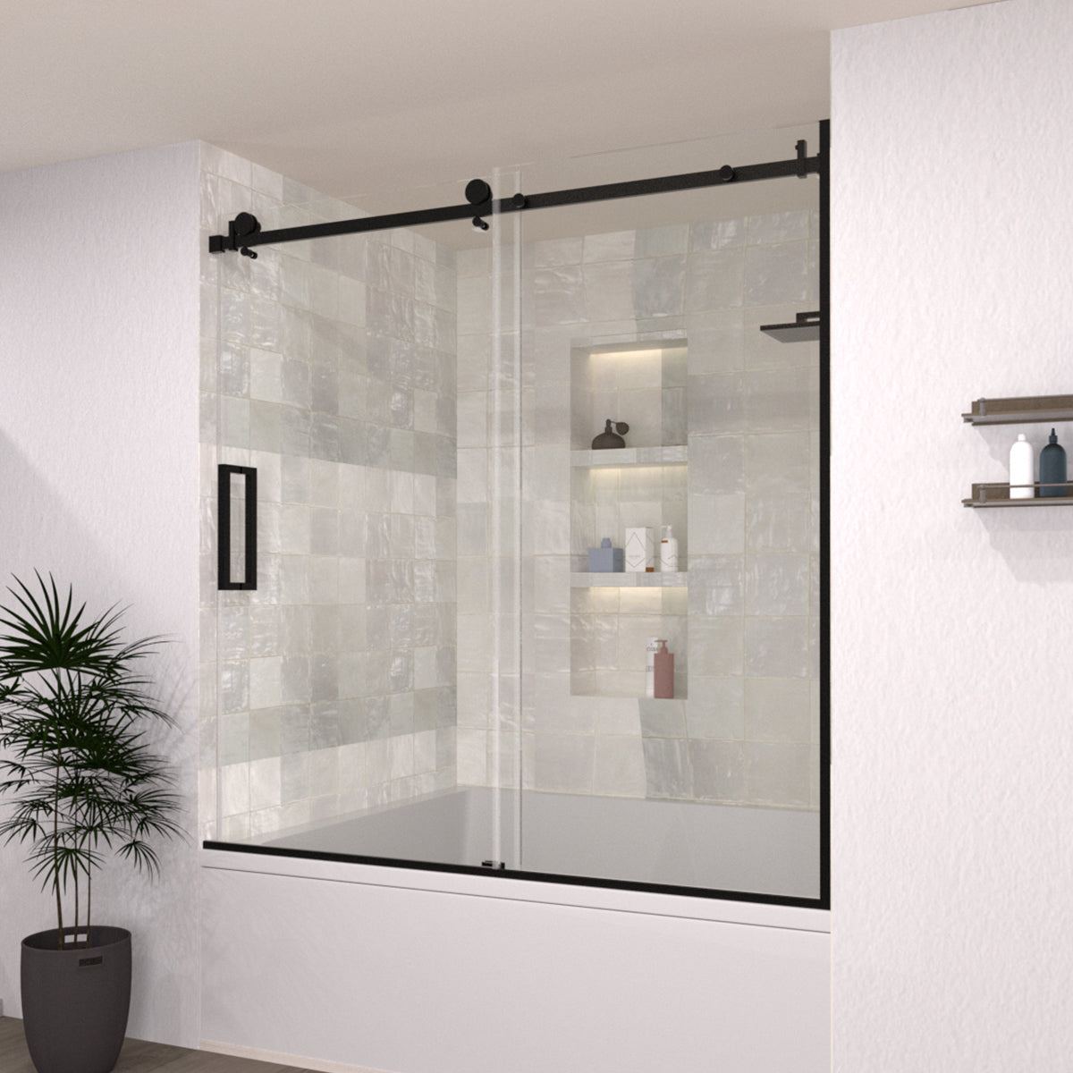 S Eletta 60 in. W x 60 in. H Sliding Semi-Frameless Tub Door in Matte Black Finish with Clear Glass