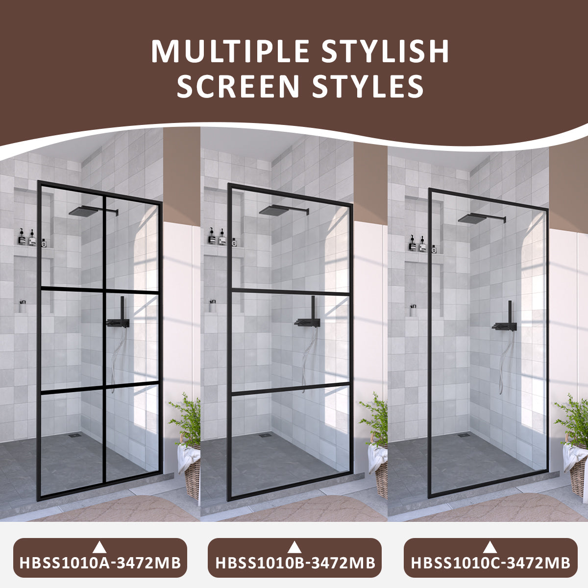 Hilma 34 in. W x 72 in. H Fixed Framed Shower Door in Matte Black Finish with Patterned Glass