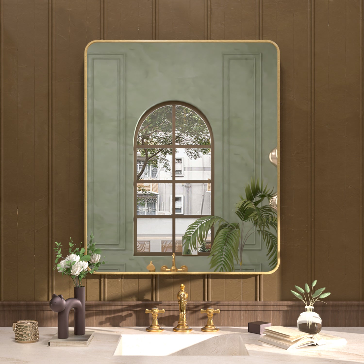 S Cosy 30 in. W x 36 in. H Rectangular Framed Wall Bathroom Vanity Mirror in Brass