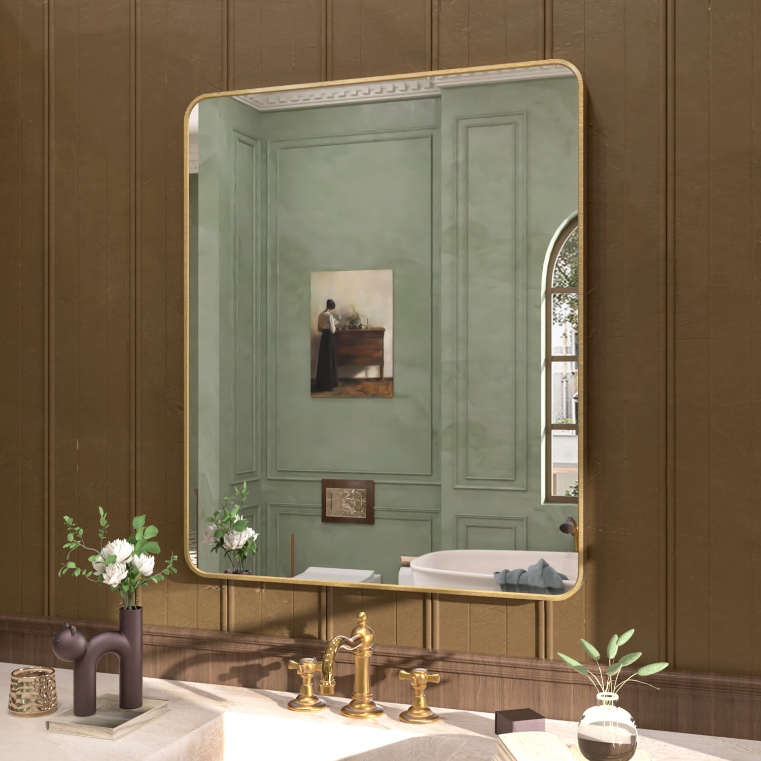 S Cosy 30 in. W x 36 in. H Rectangular Framed Wall Bathroom Vanity Mirror in Brass